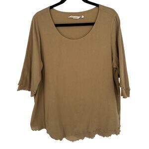 Soft Surroundings Olive Green Boxy Tunic Top Ruffled Tiered Sleeve XL Lagenlook